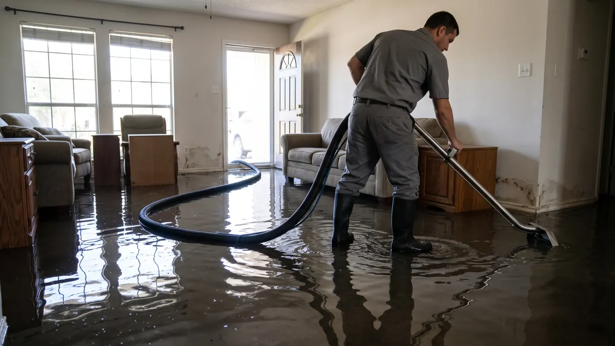 Technician using an extraction wand on standing water in a flooded living room