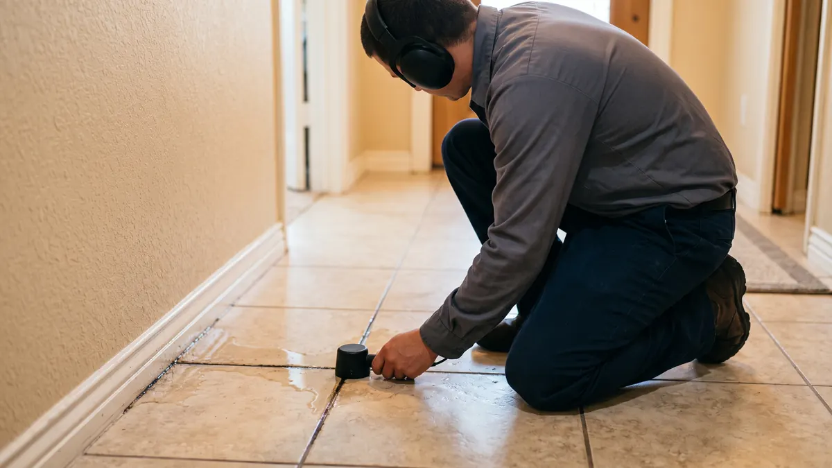Technician listening for a slab leak with acoustic equipment on a wet tile floor