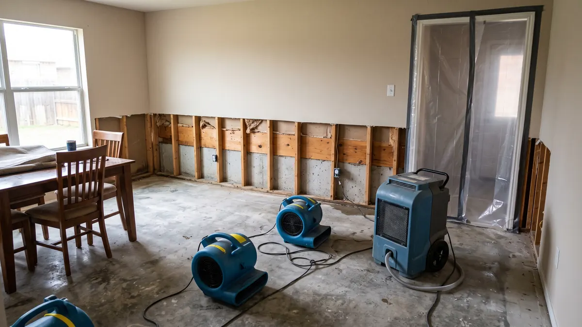 Dining room mid-restoration with flood-cut drywall, air movers and a dehumidifier